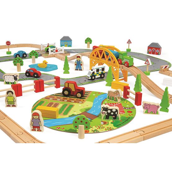 Bigjigs Rail Voie ferrée en bois avec route de campagne 80 pièces