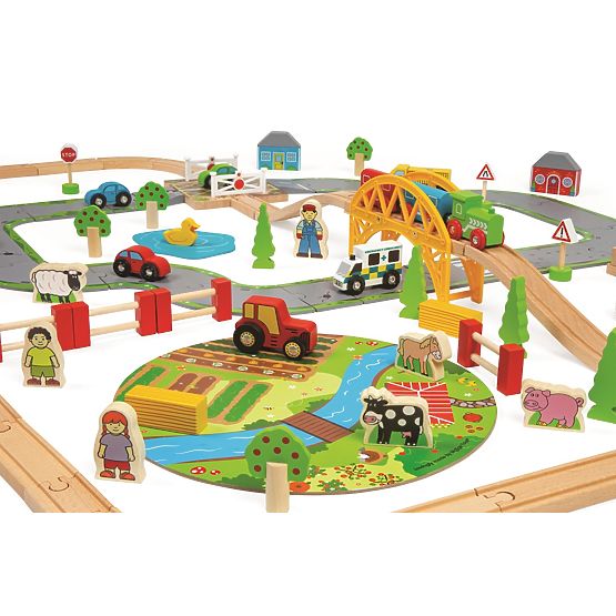 Bigjigs Rail Voie ferrée en bois avec route de campagne 80 pièces