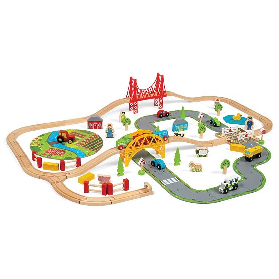 Bigjigs Rail Voie ferrée en bois avec route de campagne 80 pièces