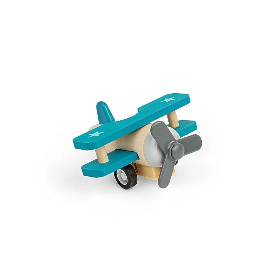 Bigjigs Toys Avion en bois à remonter Biplan bleu