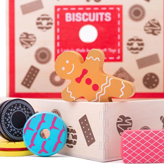 Boîte à jouets Bigjigs avec biscuits en bois
