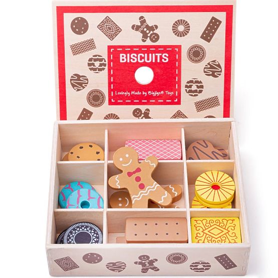 Boîte à jouets Bigjigs avec biscuits en bois