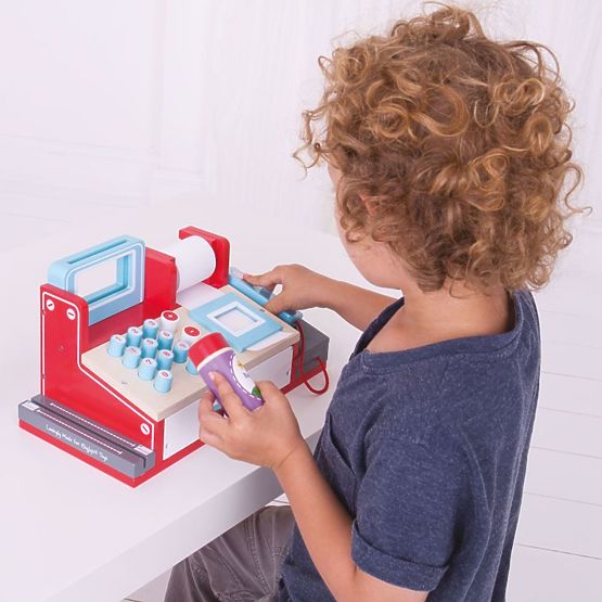 Bigjigs Toys Caisse enregistreuse en bois rouge