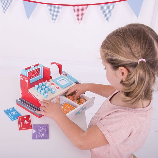 Bigjigs Toys Caisse enregistreuse en bois rouge