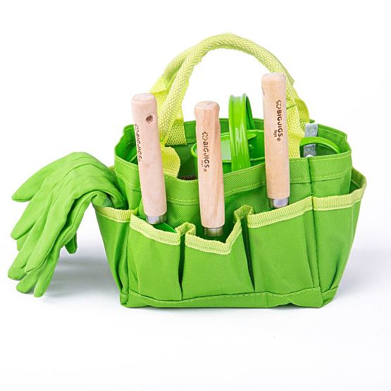 Bigjigs Toys Ensemble d'outils de jardin dans un sac en toile vert
