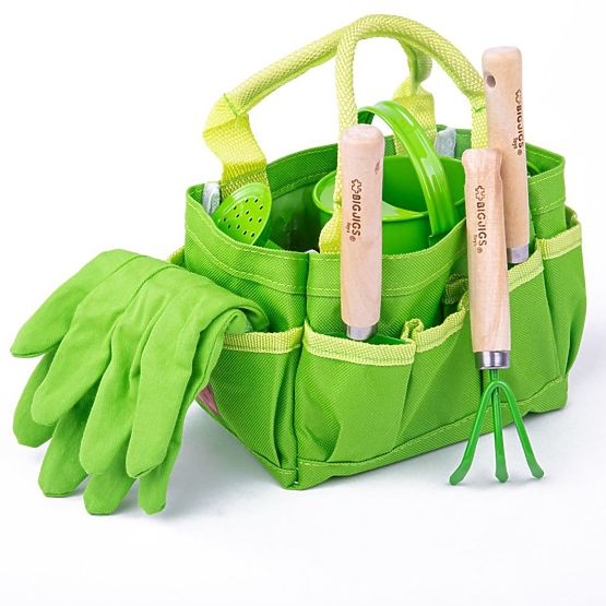 Bigjigs Toys Ensemble d'outils de jardin dans un sac en toile vert