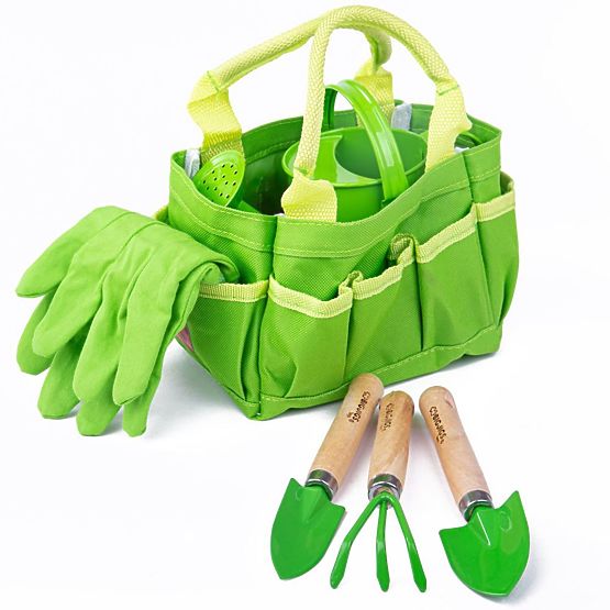 Bigjigs Toys Ensemble d'outils de jardin dans un sac en toile vert