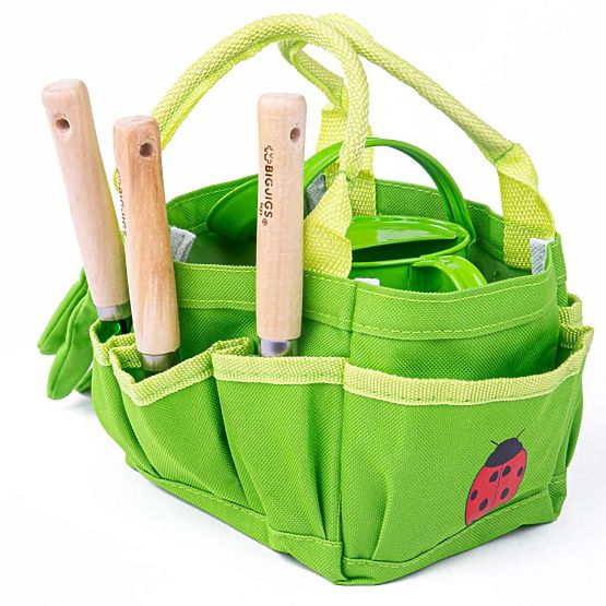 Bigjigs Toys Ensemble d'outils de jardin dans un sac en toile vert