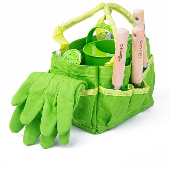 Bigjigs Toys Ensemble d'outils de jardin dans un sac en toile vert