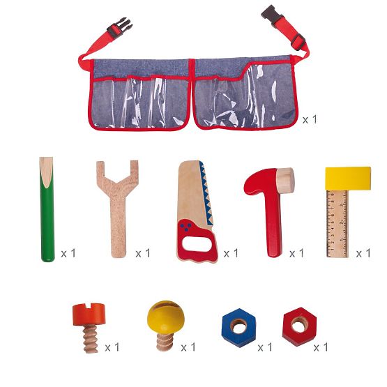 Bigjigs Toys Outils en bois sur ceinture rouge
