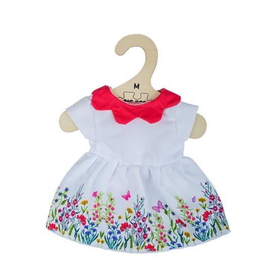 Bigjigs Toys Robe fleurie blanche avec col rouge pour poupée de 34 cm