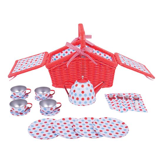 Bigjigs Toys Service à thé à pois dans un panier pique-nique