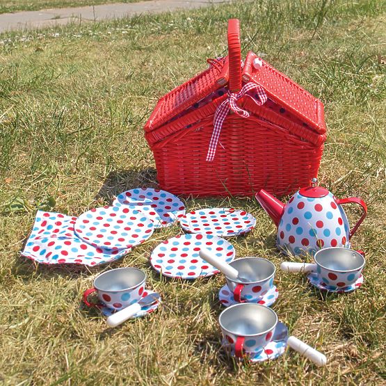 Bigjigs Toys Service à thé à pois dans un panier pique-nique