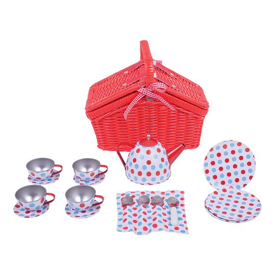 Bigjigs Toys Service à thé à pois dans un panier pique-nique