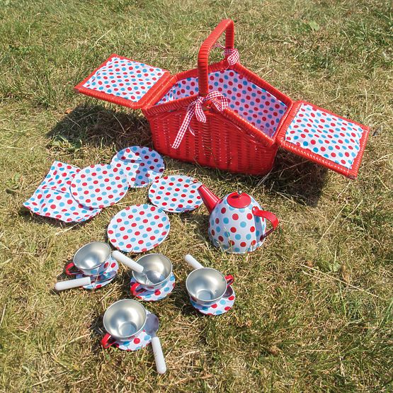 Bigjigs Toys Service à thé à pois dans un panier pique-nique