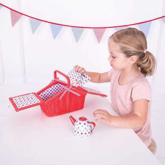 Bigjigs Toys Service à thé à pois dans un panier pique-nique