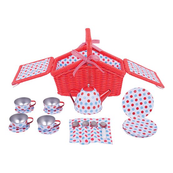 Bigjigs Toys Service à thé à pois dans un panier pique-nique