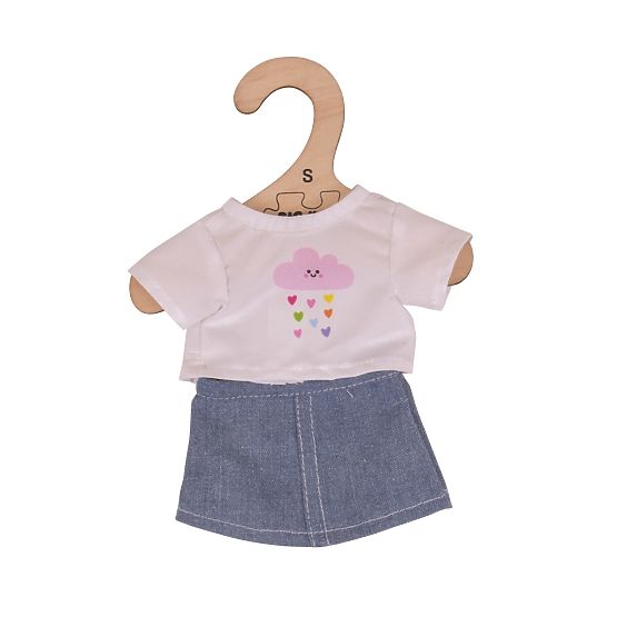 Bigjigs Toys T-shirt blanc avec jupe en jean pour poupée 28cm