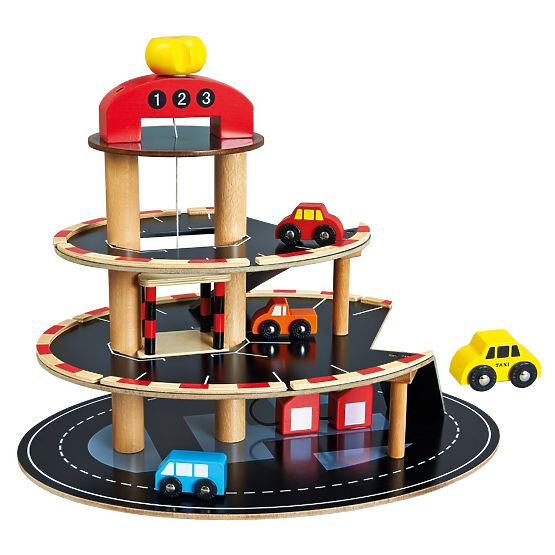 Bino Parking en bois avec ascenseur et 4 petites voitures