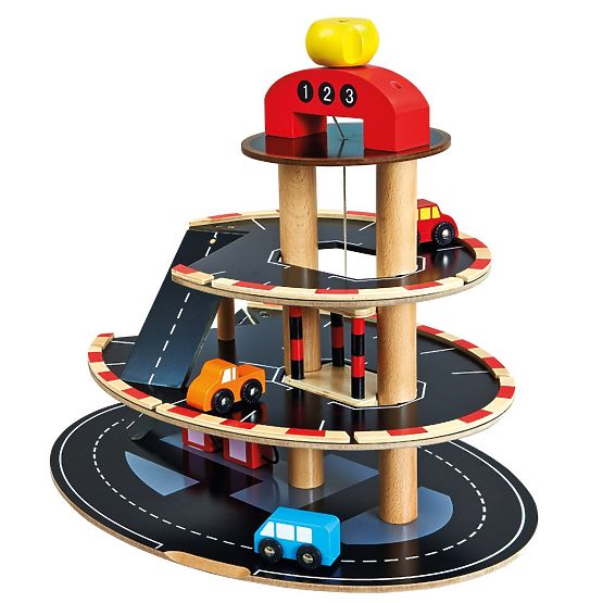 Bino Parking en bois avec ascenseur et 4 petites voitures