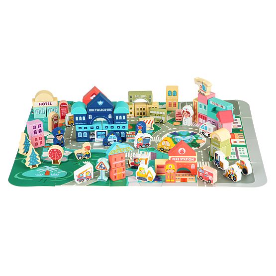 Blocs éducatifs en bois ville avec tapis 121 pièces ECOTOYS