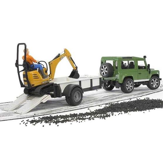 Bruder LAND ROVER + transporteur, micro-pelle JCB