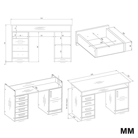 BUREAU ADA CHÊNE ARTISAN 125 Cm 4 Tiroirs Armoire Étagères Pour Bureau Chambre Pour Ordinateur Porta