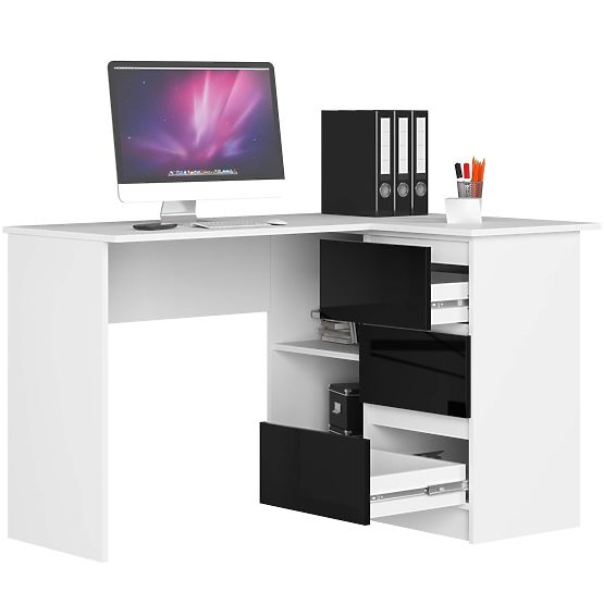BUREAU D'ANGLE B16 124 cm DROIT 3 TIROIRS PK BLANC / NOIR BRILLANT