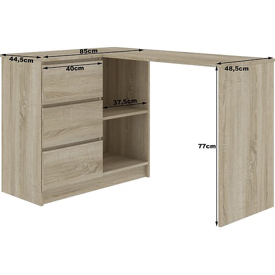BUREAU D'ANGLE B16 124 cm GAUCHE 3 TIROIRS CHÊNE SONOMA / BLANC