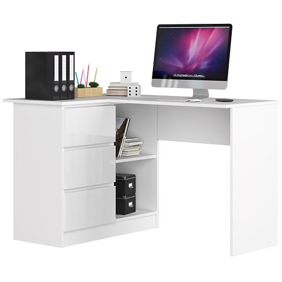 BUREAU D'ANGLE B16 124 cm GAUCHE 3 TIROIRS PK BLANC / BLANC BRILLANT