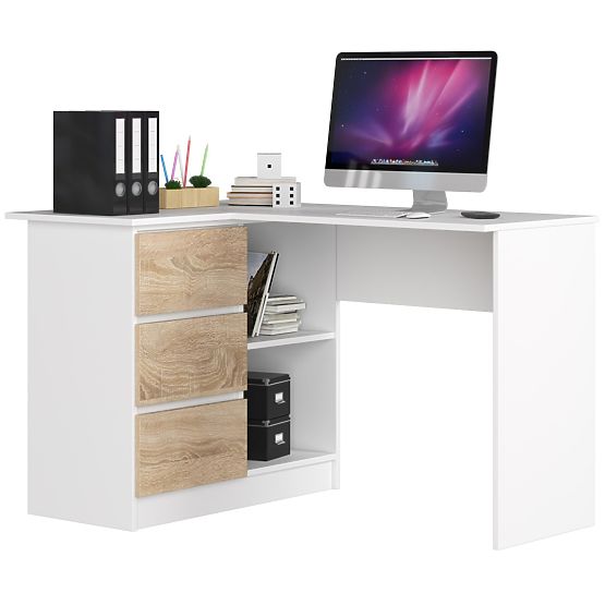 BUREAU D'ANGLE B16 124 cm GAUCHE 3 TIROIRS PK BLANC / SONOMA