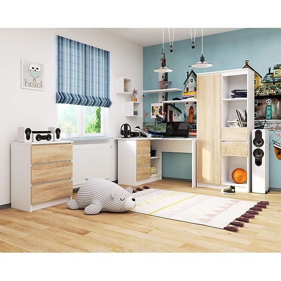 BUREAU D'ANGLE B16 124 cm GAUCHE 3 TIROIRS PK BLANC / SONOMA