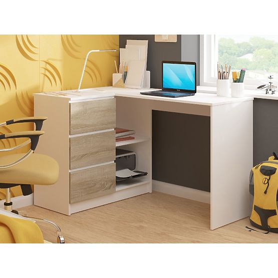 BUREAU D'ANGLE B16 124 cm GAUCHE 3 TIROIRS PK BLANC / SONOMA