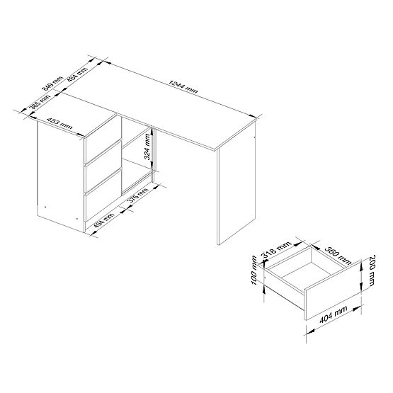 BUREAU D'ANGLE B16 124 cm GAUCHE 3 TIROIRS PK BLANC / SONOMA