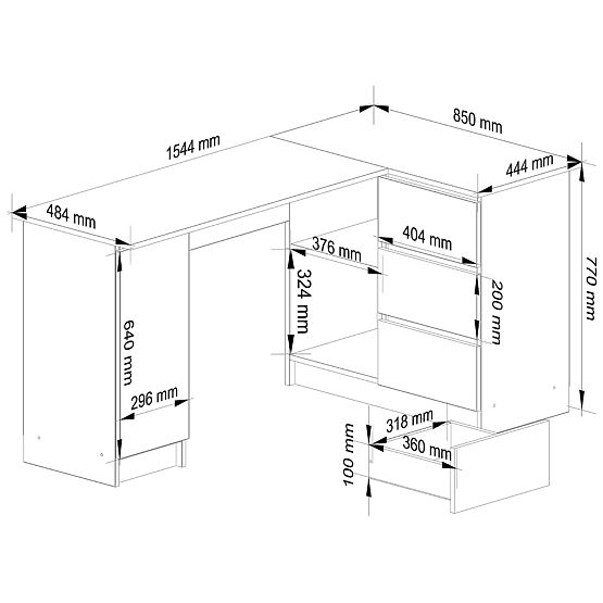 Bureau d'angle B20 155 cm droit - PK chêne artisan-blanc - 3 tiroirs