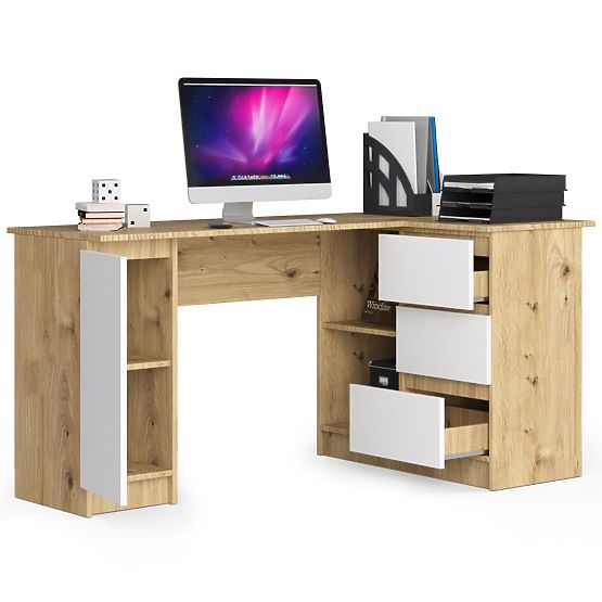 Bureau d'angle B20 155 cm droit - PK chêne artisan-blanc - 3 tiroirs