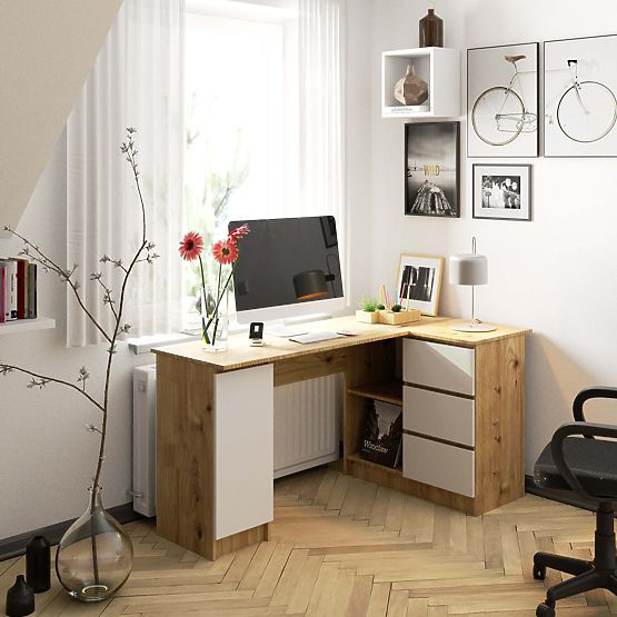 Bureau d'angle B20 155 cm droit - PK chêne artisan-blanc - 3 tiroirs