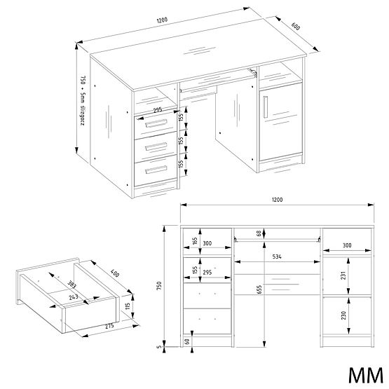 BUREAU DELTA BLANC 120 cm 3 Tiroirs Armoire Étagère Pour Bureau Chambre Pour Ordinateur Portable