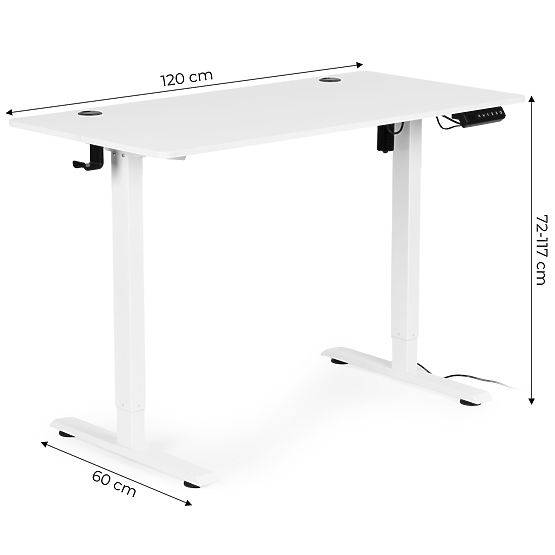 Bureau électrique réglable en hauteur 120x60 cm, hauteur 72-117 cm, blanc ModernHome