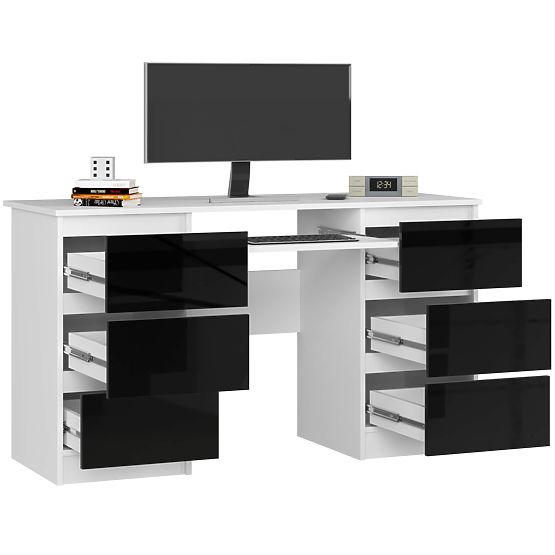 BUREAU INFORMATIQUE A-11 135 cm 6 TIROIRS PK BLANC / NOIR BRILLANT