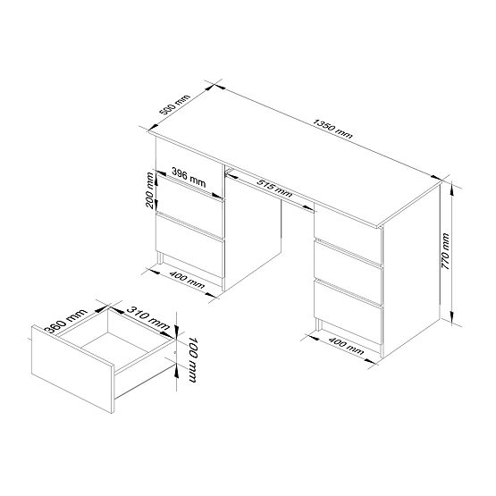 BUREAU INFORMATIQUE A-11 135 cm 6 TIROIRS PK BLANC / SONOMA
