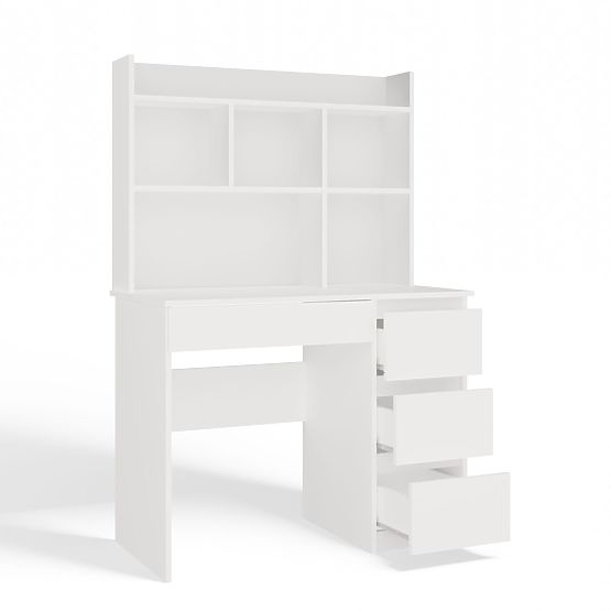 Bureau MIJAS Droit avec Surélévation Blanc Mat 4 Tiroirs 4 Étagères Pour Bureau Chambre