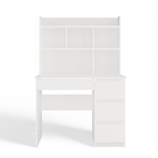 Bureau MIJAS Droit avec Surélévation Blanc Mat 4 Tiroirs 4 Étagères Pour Bureau Chambre