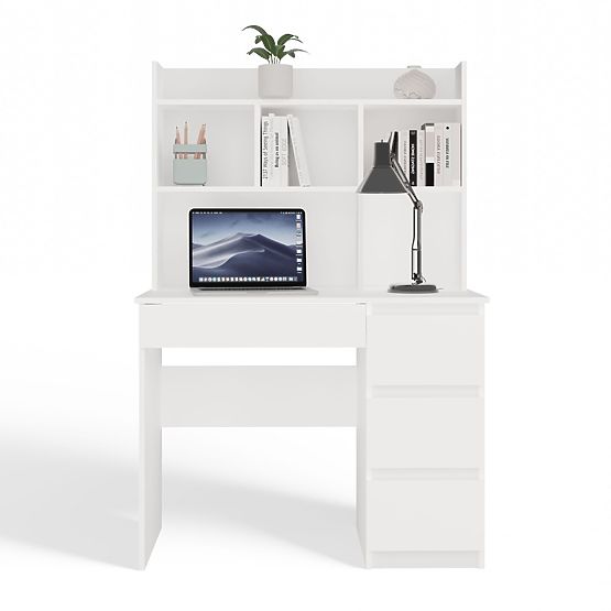 Bureau MIJAS Droit avec Surélévation Blanc Mat 4 Tiroirs 4 Étagères Pour Bureau Chambre
