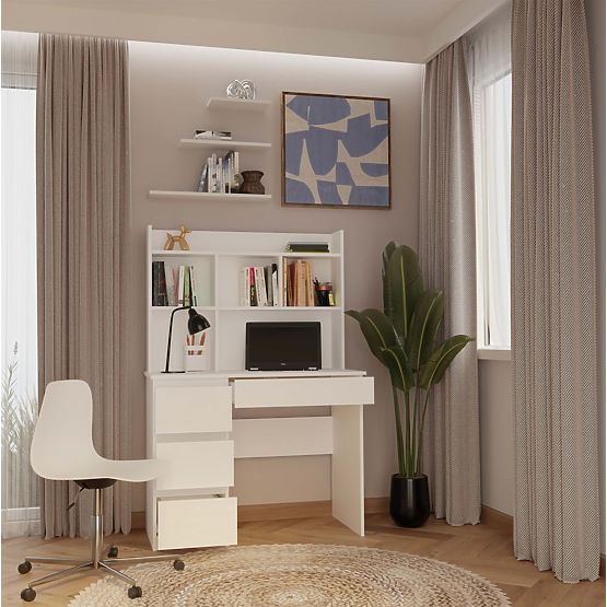 Bureau MIJAS Gauche avec Surélévation Blanc Mat 4 Tiroirs 4 Étagères pour Bureau Chambre