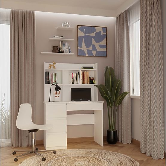 Bureau MIJAS Gauche avec Surélévation Blanc Mat 4 Tiroirs 4 Étagères pour Bureau Chambre