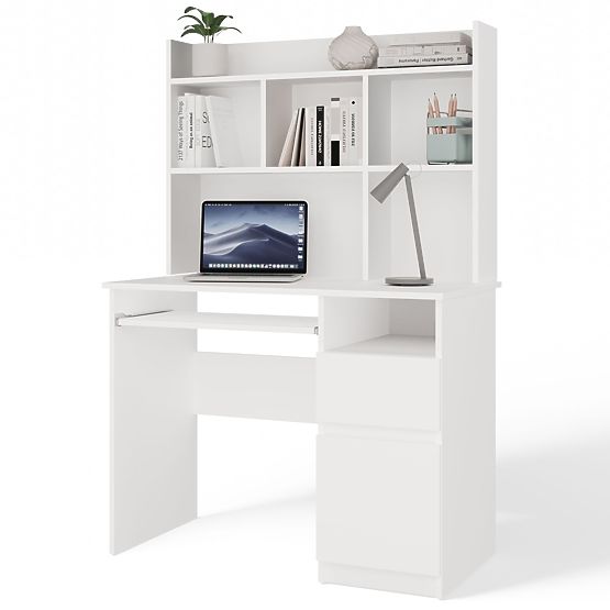 Bureau PORTO Droit avec Extension Blanc Mat Tiroir Étagère pour Bureau Chambre