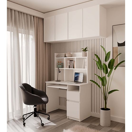 Bureau PORTO Droit avec Extension Blanc Mat Tiroir Étagère pour Bureau Chambre
