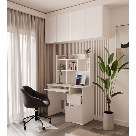 Bureau PORTO Droit avec Extension Blanc Mat Tiroir Étagère pour Bureau Chambre