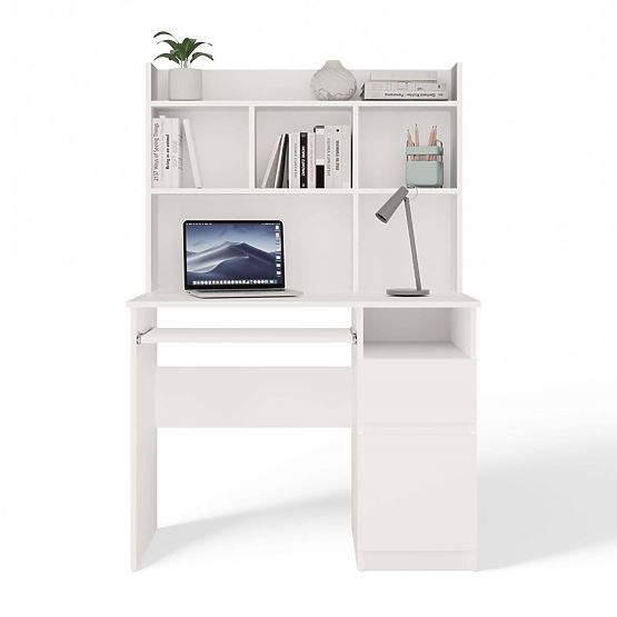 Bureau PORTO Droit avec Extension Blanc Mat Tiroir Étagère pour Bureau Chambre